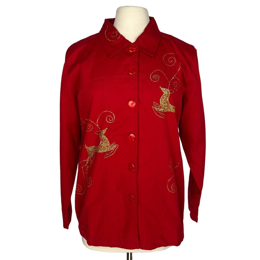 QUAKER FACTORY | Red Christmas Gold Sequin Embroidered Reindeer Jacket | Women's